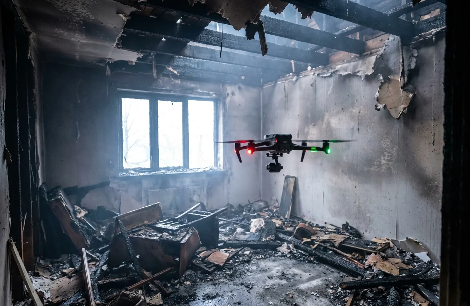 Drohne dokumentiert einen ausgebrannten Innenraum mit Brandschäden